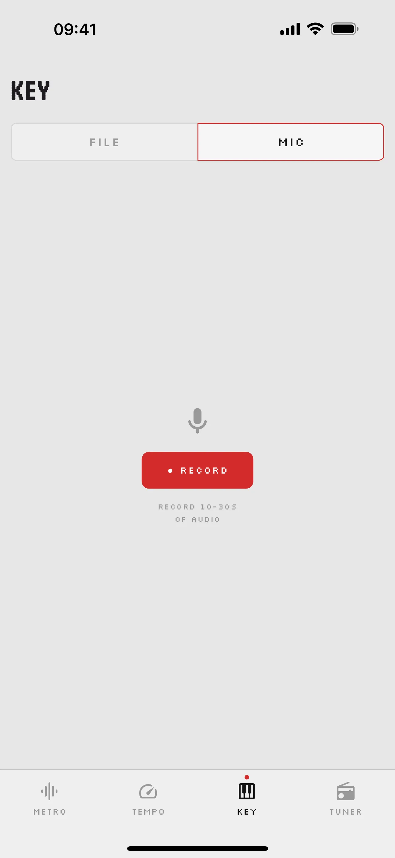 Music Toys key detection screen with file and microphone modes