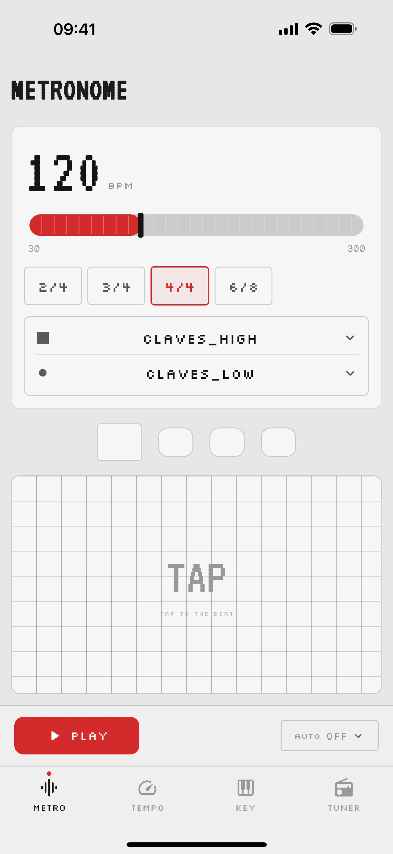 Music Toys metronome screen showing 120 BPM, time signatures, sound choices, and tap area